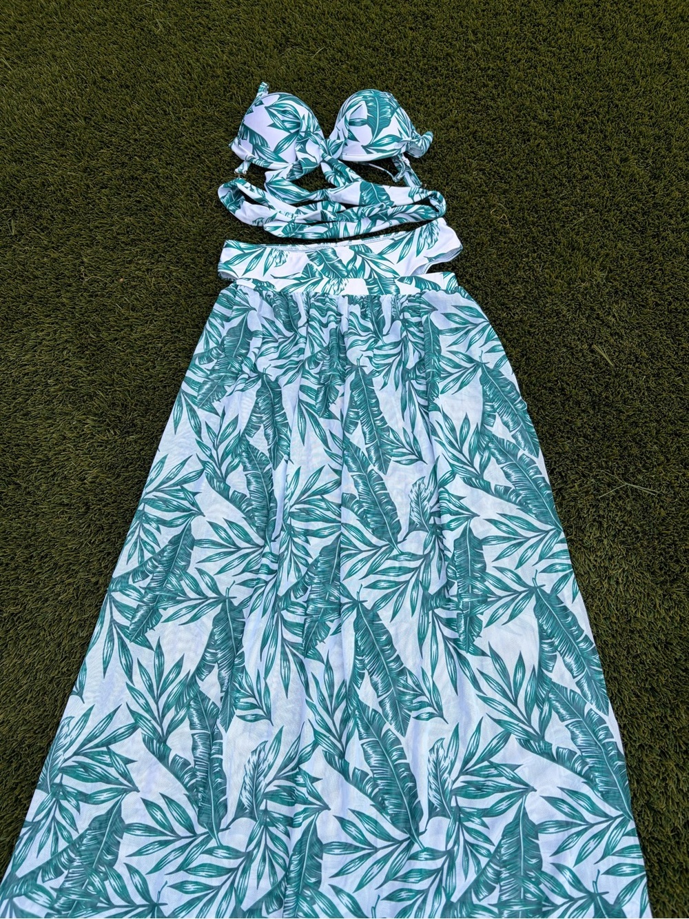 Girls Tropical Leaf Print Maxi Dress in Green and White